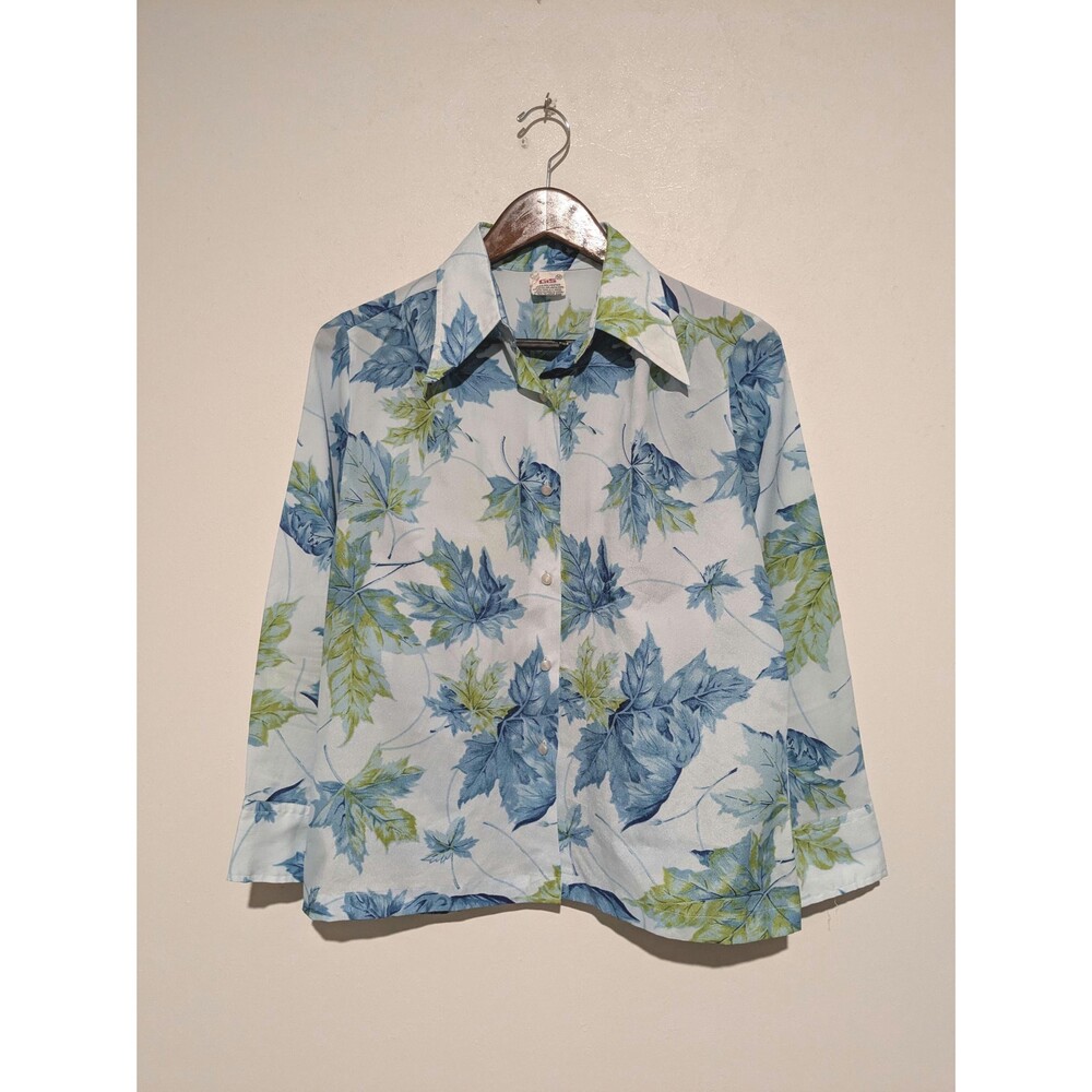 Groovy Blue Green Vintage 70s Disco Leaf Crepe Button Down Shirt Blouse B43 M/L